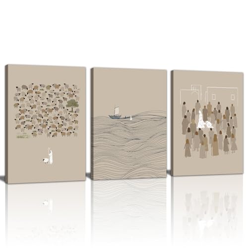 3Pcs Christian Wall Art Jesus Canvas Art Prints Beige Bible Sketches Painting Pictures Inspirational Scripture Artwork Posters Religious Wall Decor for Living Room Church Prayer Room 16”x24”x3 - color: Jesus Bible Story, size: 16"x24"x3Pcs