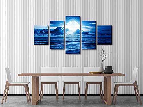 Pyradecor Blue Clouds Modern 5 Panels Moon Sea Beach Canvas Wall Art Large Gallery Wrapped Landscape Giclee Canvas Prints Pictures Artwork Paintings for Living Room Bedroom Home Decorations L - size: 12x16inchx2pcs,12x24inchx2pcs,12x32inchx1pc