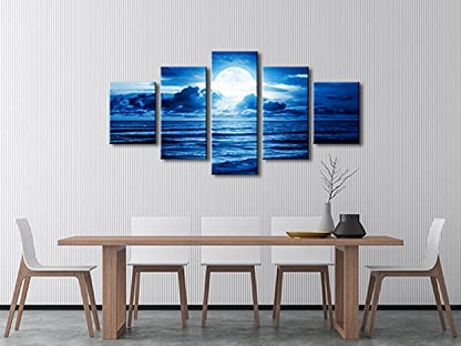 Pyradecor Blue Clouds Modern 5 Panels Moon Sea Beach Canvas Wall Art Large Gallery Wrapped Landscape Giclee Canvas Prints Pictures Artwork Paintings for Living Room Bedroom Home Decorations L - size: 12x16inchx2pcs,12x24inchx2pcs,12x32inchx1pc