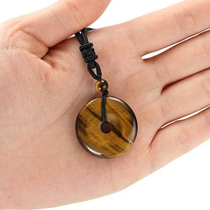 Jovivi 30mm Circle Donut Healing Crystals Necklace Natural Semi-Precious Chakra Gemstone Stone Amulet Lucky Coin Donuts Charm Protection Quartz Reiki Pendant Necklace for Men Women Adjustable Rope - color: Tiger Eye