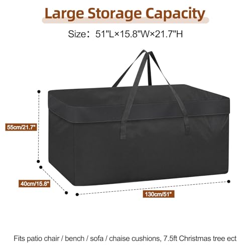 Demao Extra Large Outdoor Cushion Storage Bags,Heavy Duty Patio Waterproof Furniture Cushion Cover with Handles&Zipper,All-Season Protection for Chair, Swing, Bench Cushions-51"Lx15.8"Wx21.7"H (Black)