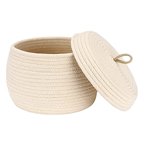 Sea Team Round Cotton Rope Storage Basket with Lid, Decorative Woven Storage Bin, Pot, Caddy, Organizer, Container for Snacks, Towels, Plants, 10 x 7.5 Inches (Small, Cream) - color: Cream, size: Small