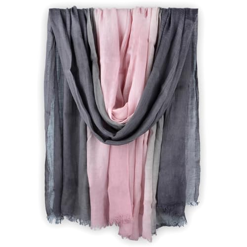 Two-tone Linen Scarf for Women Lightweight Summer Wrap Cotton Shawl Beach Travel Pashmina Gauze 75"×35" - color: Pink/Light Grey