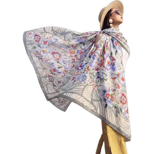DANA XU Women's 100% Mulberry Silk Pashmina Shawl and Wraps Extra Large Floral Scarf for Evening Dresses, Soft Oversized - color: Beige Floral