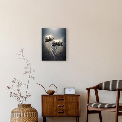 ketilly Black Lotus Canvas Print- Mystic Zen Wall Art with Gold Dust Effect, Modern Abstract Painting, Celestial Artwork for Living Room, Bedroom, Meditation Space 12''x15''