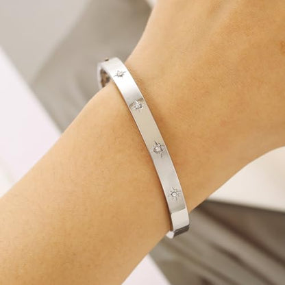 Gold Bangle for Women - 18K Gold Plated Stainless Steel Love Friendship Crystal Bracelets with Cubic Zirconia - color: Snowflake Bangle - SILVER