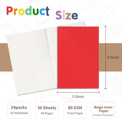 miikoul 24 Pack A5 Blank Journal Notebooks in Bulk, Colorful Soft Cover Unlined Paper for Kids Student Traveler Drawing Writing Take Notes and Plan, 8.3x5.5 Inches, 80 GSM, 60 Pages/30 Sheets - size: Blank inner page-24 Pack