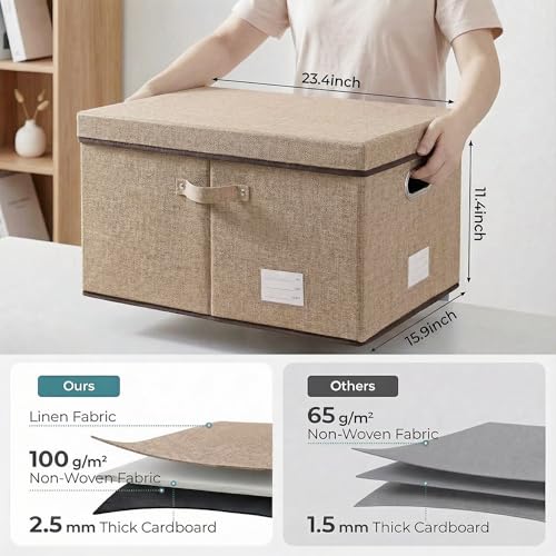 Storage Bins with Lids [3-Pack] Jute Fabric Foldable Storage Boxes Organizer Containers Baskets Cube with Cover for Home Bedroom Closet Office Nursery khaki（23.4X15.9X11.5