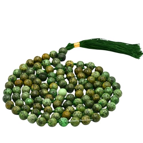 Amazing Gemstone Japa Mala 108 Prayer Beads Necklace and Wrist Mala Bracelet for Meditation - color: African Turquoise, size: Hand Knotted