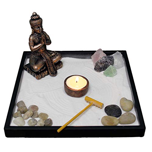 Nature's Mark Mini Zen Garden Kit for Desk with Rake, White Sand, Buddha Figures, Tea-Light Holder Black Square Base, River Rocks and Crystal (9Lx9W B)