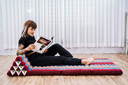 Leewadee 3-Fold Mat XXL with Triangle Cushion – Firm TV Pillow, Foldable Mattress with Cushion Made of Kapok, 67 x 31 inches, Blue Red - color: Sf27 - Blue, Red, size: 3 seating segments XL