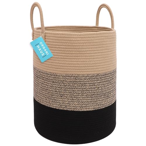 OrganiHaus Large Brown Woven Laundry Basket w/Handles 52L, Rope Dirty Clothes Hamper, Blanket Basket for Living Room, Baby Laundry Hamper for Nursery, Soft & Durable Decorative Organizer Bin - color: 3-toned Brown, size: Tall
