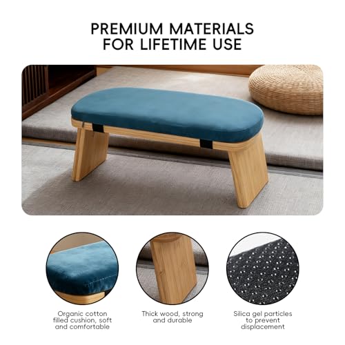 Natural Beech Wood Yoga Bench, Ergonomic Design for Kneeling, Meditation, Pilates, FSC Certified (Blue)