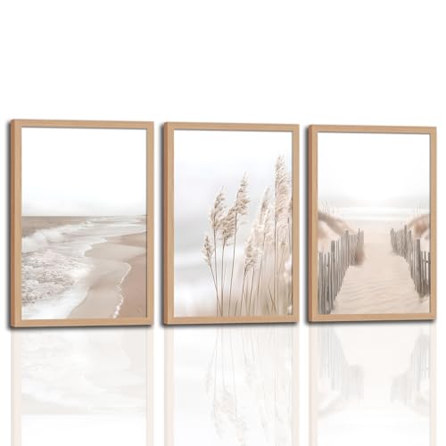 skysoon 3 Piece Neutral Beach Wall Art with Solid Wood Frame, Pampas Grass Boho Coastal Ocean Prints, Natural Wilderness Seascape Painting Set 12x16 Inch - color: River, size: 12x16 Inch