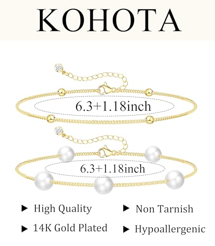 KOHOTA Silver Gold Bracelets for Women Trendy 14K Gold Plated Bracelet for Women Non Tarnish Dainty Stackable Layered Chain Heart Pearl Knot Beaded Bracelets Stack Set Charm Mothers Day Jewelry Gifts - color: B.Pearl-gold