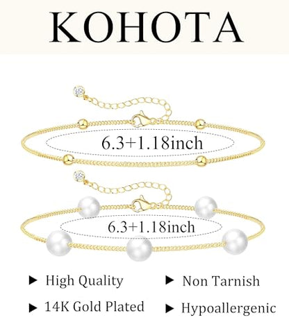KOHOTA Silver Gold Bracelets for Women Trendy 14K Gold Plated Bracelet for Women Non Tarnish Dainty Stackable Layered Chain Heart Pearl Knot Beaded Bracelets Stack Set Charm Mothers Day Jewelry Gifts - color: B.Pearl-gold