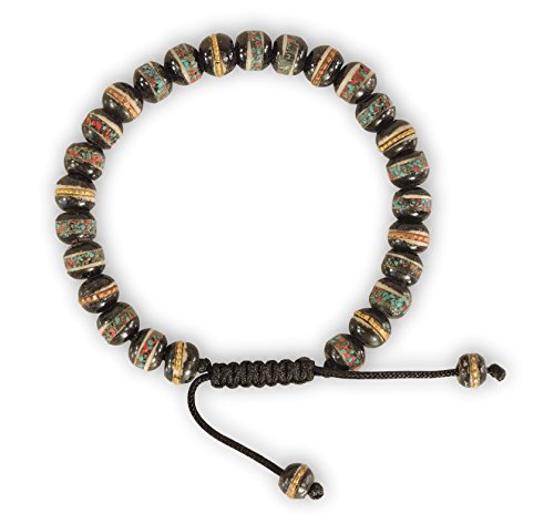 Adjustable Handmade Wrist Mala with Tibetan Prayer Beads and Medicine Bracelet - Yoga Healing, Many Color Choices (Black) - Natural Himalayan Yak Bone Beads for Meditation