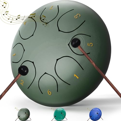 Rain Drum for Outside Garden, 6 Inches 8 Notes Steel Tongue Chakra Drums, Waterproof Meditation Rain Chime, Musical Instruments for Adult Gift with Bag, Music Book, Drum Mallets (Green) - color: Green, size: 6 Inches
