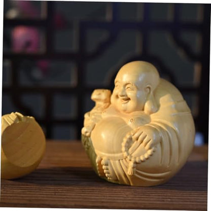 Hand-Carved Maitreya Buddha Wooden Decoration Small Desktop Ornament Unique Boxwood Sculpture for Home Zen and Spiritual Table Adornment Stable Flat Bottom Design