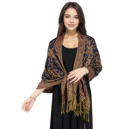 MUQU Women Pashmina Shawls and Wraps Scarf Soft Silky Reversible Paisley Scarves Shawl for Women - color: Navy Blue-a
