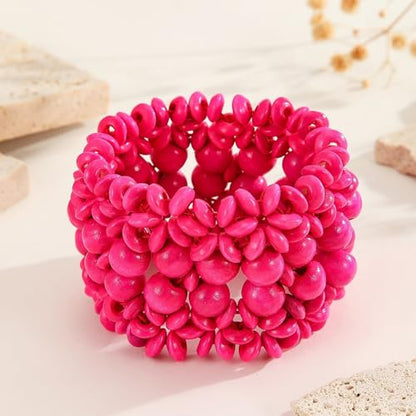 Handmade Wooden Bead Bohemian Elastic Stretch Bracelet Colorful Flower Pattern Design for Women Summer Beach Holiday Jewelry Lightweight - color: pink