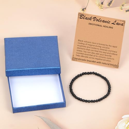 LPBeads Handmade Natural Gemstone Stretch Elastic Bracelet Healing Crystal Round Stone Beads Jewelry Gifts for Women Men - color: Black Lava, size: 4mm