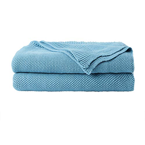 PiccoCasa 100% Cotton Knit Throw Blanket,Solid Lightweight Decorative Throws and Blankets,Soft Knitted Throw Blanket for Sofa Couch, Horizon Blue 50" x 60" - color: Horizon Blue, size: Throw (50" * 60")