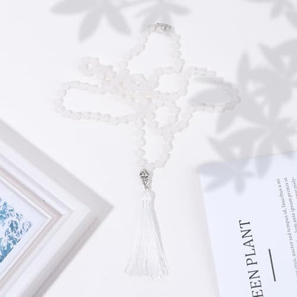 108 Mala Beads Necklace Semi-Precious Gem Stones Meditation Necklace 108 Hand Knotted Japa Mala Beaded Tassel Necklace with Tree of Life Pendant - color: White Marble