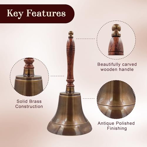 Large & Heavy Solid Brass Loud Hand Call Bell for Weddings, Christmas, School 11"(H) 5"(D) Antique Brass by THDC - color: Antique