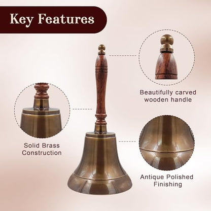 Large & Heavy Solid Brass Loud Hand Call Bell for Weddings, Christmas, School 11"(H) 5"(D) Antique Brass by THDC - color: Antique