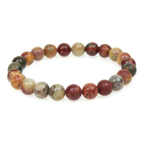MJDCB Featured Men Women 8mm Beads Bracelet Elastic Natural Stone Yoga Bracelet Bangle 6.7" - color: Red Picasso