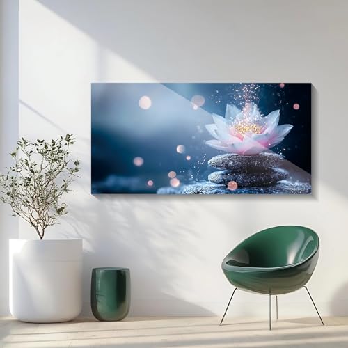 Iallbin Buddha Wall Art & Zen Wall Decor White Lotus on Water Canvas Painting - for Yoga Meditation Room, Spa & Bathroom, Iallbin Zen Stone Wall Art & Zen Wall Decor, Single Luminous Lotus Flowe Spiritually Uplifting Quality -for Yoga Meditation Room, Spa