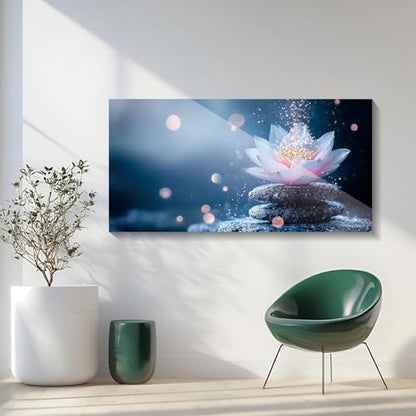 Iallbin Buddha Wall Art & Zen Wall Decor White Lotus on Water Canvas Painting - for Yoga Meditation Room, Spa & Bathroom, Iallbin Zen Stone Wall Art & Zen Wall Decor, Single Luminous Lotus Flowe Spiritually Uplifting Quality -for Yoga Meditation Room, Spa