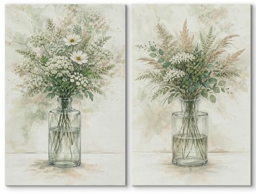 SIGNWIN Canvas Print Wall Art Set Delicate Glass Vase Floral Arrangement Illustrations Minimal Decorative Contemporary Zen for Living Room, Bedroom, Office - 16"x24" x 2 - color: B16-2603-yuk02, size: 16" x 24" x 2 panels