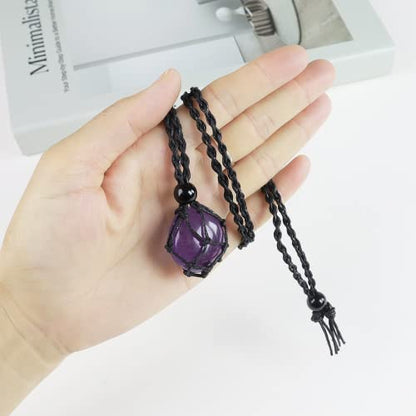Natural unprocessed crystal raw stone hand woven rope adjustable necklace pendant for both men and women - color: A-Amethyst 1