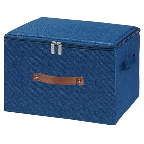 Storage Bins with Zipper Lid Foldable Fabric Lidded Storage Boxes Baskets Cubes Washable Collapsible PU Leather Handle Cotton Linen Shelves Closet Organizer Container(Dark Blue, Large Size) - color: Dark Blue, size: Large ( Set of 1 )