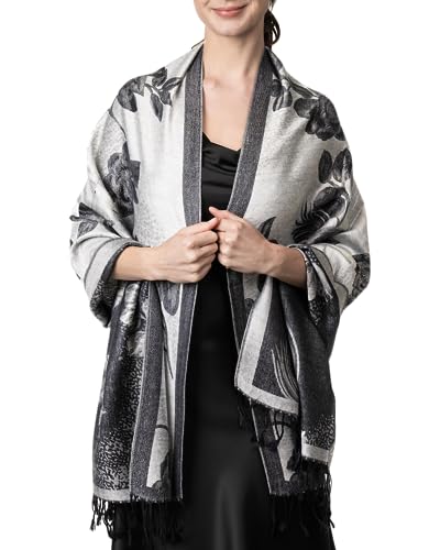 Achillea Reversible Paisley Pashmina Rave Scarf – Exotic Indian Shawls and Wraps for Evening Dresses, Festivals, All Seasons - color: Floral Silver Grey