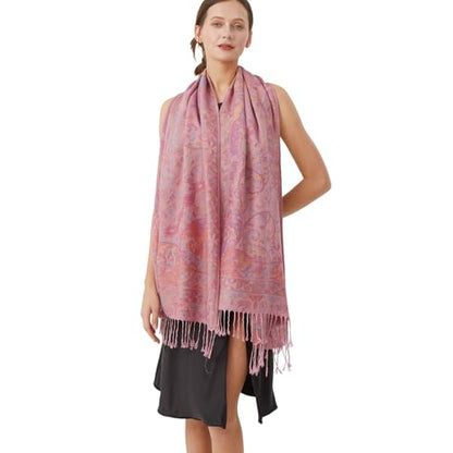 Paisley Pashmina Rave Shawl Scarf-Women's Reversible Ethnic Jacquard Pashmina Wraps for Travel - color: A#. Rose Pink