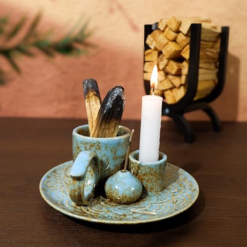 MOUGIGI 5-in-1 Ceramic Palo Santo Burner Holder Blue -Small Candle Holder & Smudge Burning Tray Bowl,Fits Incense Sticks/Cones, Sage.Zen Altar for Meditation Room, Aromatic Scents, Matches Compatible - color: Multifunctional Palo Plate-blue