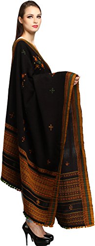 Exotic India Shawl from Kutch with Embroidered Bootis and Mirrors - Wool - color: Phantom Black