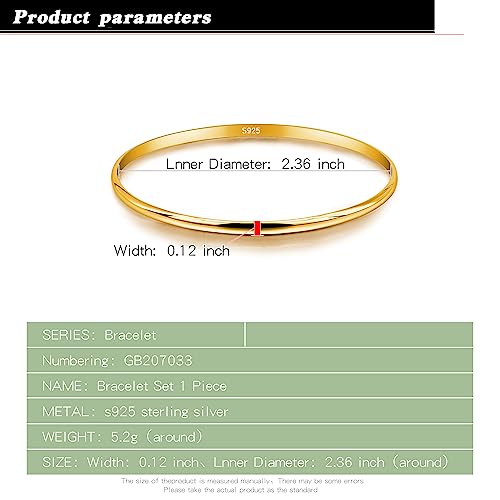 Minimalist Original 925 Sterling Silver Banglest Women Stackable Bracelet 2MM 65mm Jewelry Gift (Gold Color 1 Piece C Style, Diameter 65MM)