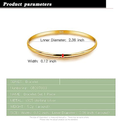 Minimalist Original 925 Sterling Silver Banglest Women Stackable Bracelet 2MM 65mm Jewelry Gift (Gold Color 1 Piece C Style, Diameter 65MM)