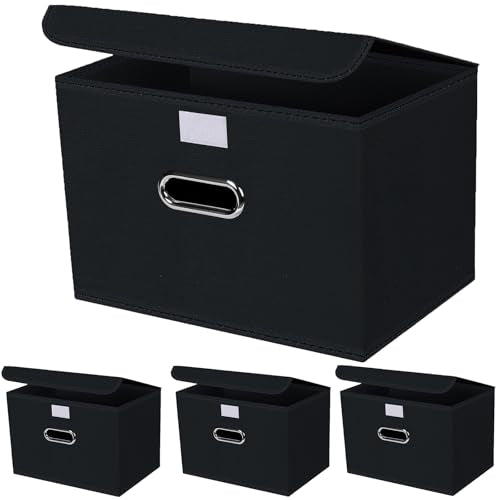 4-Pack Large Collapsible Storage Bins with Lids,Fabric Storage Cubes Organizer for Shelves,Closet,Nursery,Foldable Cube Storage Baskets with Handles,Home Boxes (14.9"x9.8",Black) - color: Black, size: 4Pcs