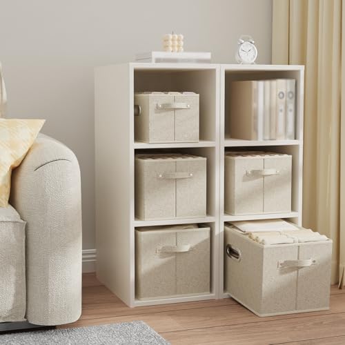 Open Storage Baskets, Collapsible Cube Bins, Fabric Container Organizer with Metal Handles, Boxes for Shelves, Closet, Living Room, 13x9.1x7.9in, Grey and Beige, 2 Pack