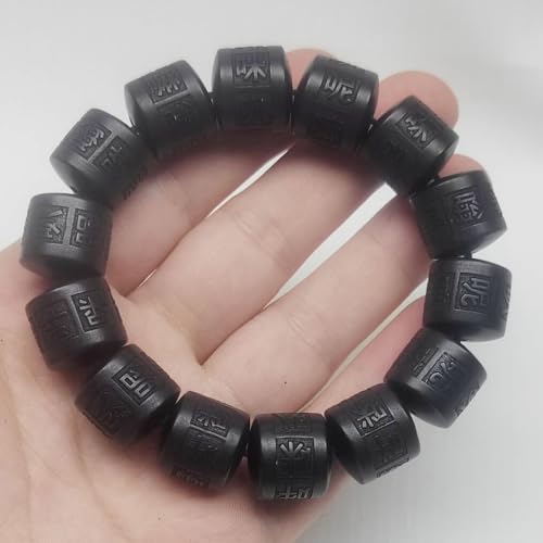 Wooden Beads Bracelet Lightning Struck Jujube Wood Black Bead Engraved with Sanskrit Words Mala Prayer Feng Shui Lucky for Women Men (Black, 16mm)