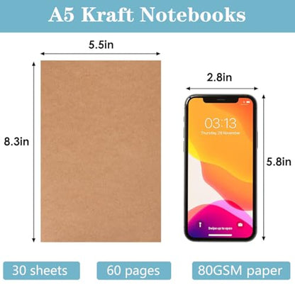 SZYIKUER A5 Kraft Notebooks Bulk, Blank Journaling Notebooks, Notebooks for Work, Journal notebooks for kids, Composition Notebooks for School， 60 Pages ，8.3x5.5 Inches 4 Pack