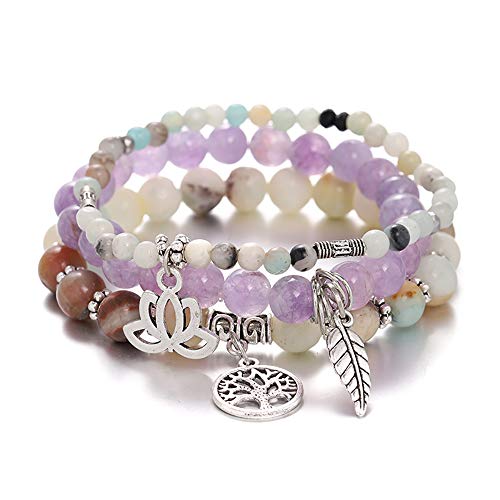 Tree of Life Yoga Healing Stone Bracelets,Multilayer Lotus Chakra Stone Reiki Bracelet Sets,Anxiety Crystal Natural Stone,for Women Stress Relief - style: Amazon stone + Amethyst