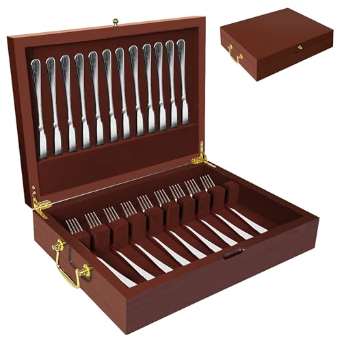 Silverware Storage Box Solid Wood with Lid, Silverware Organizer with Handle and Felt Lined, Silverware Storage Chest for Flatware and Utensils Home Decor Gift, Chest for Flatware Setting Up 15 - color: Walnut, size: 1 Layer
