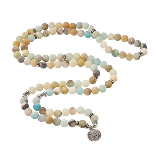 Natural 108 Mala Amazonite Beads Yoga Necklace with Lotus Pendant, Gemstone Beads Wrap Bracelet for Meditation & Mindfulness, Stretch Prayer Beads Necklace for Women & Men, Stress Relief Mother's Day Spiritual Gifts, Includes Gift Box - 6mm