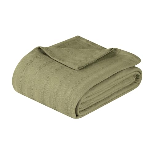Superior Clara Cotton Blanket, for Picnic, Beach, Traveling or Camping, Bedroom Decor, Essentials, Cover for Bed, Couch, Lounging, Textured Jacquard, Striped Woven Blanket, Throw, Sage - color: Sage, size: Throw